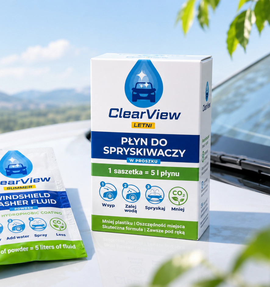 Kartonik ClearView i saszetka na masce auta w plenerze